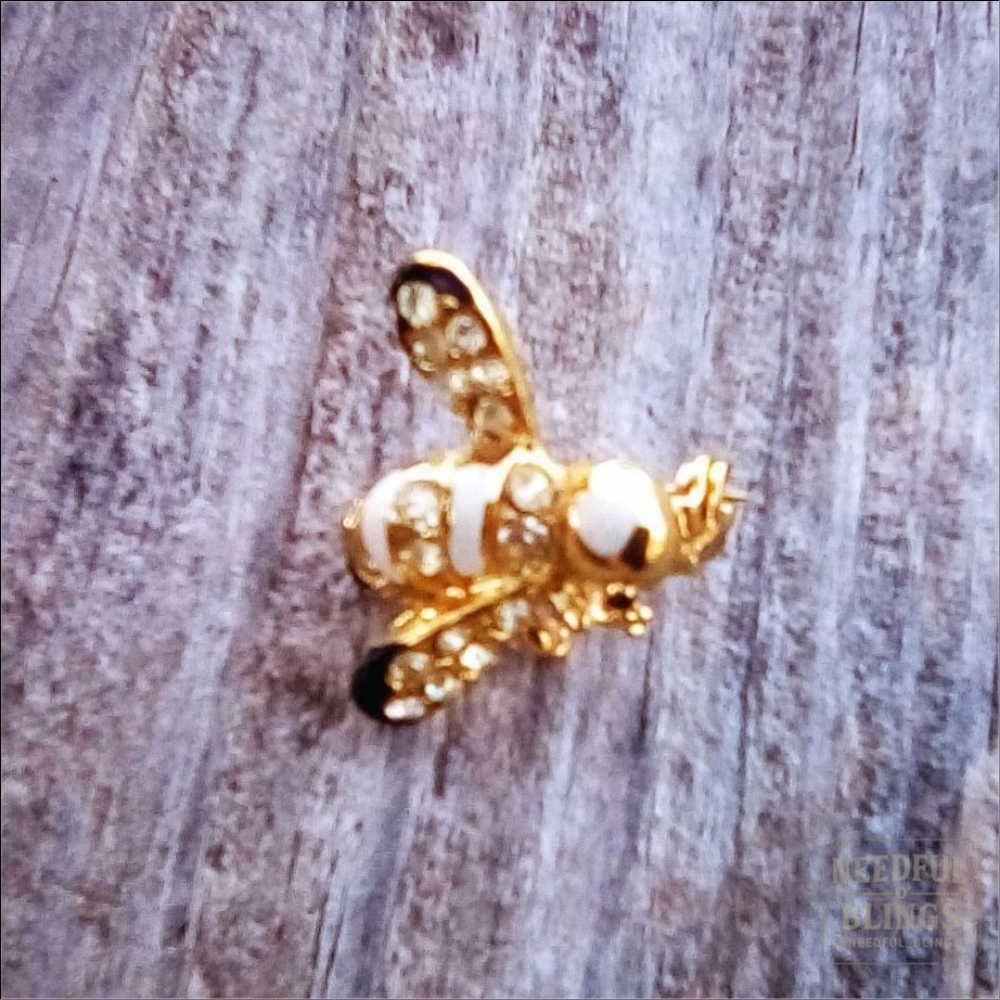 Vintage White Enamel Bee Brooch Gold Rhinestone Insect Pin | Bundle Deal Ready
